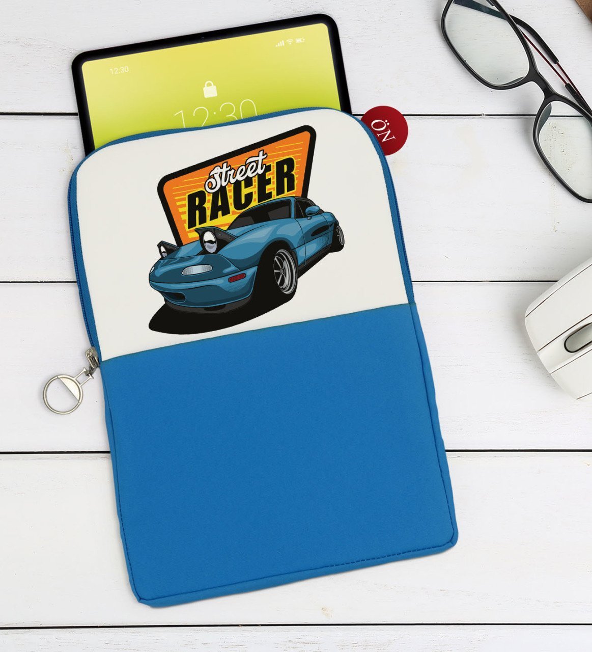 BK Gift Street Racer Tasarımlı Taşınabilir Koruyucu Tablet Kılıfı & Organizer Çanta - Mavi-1