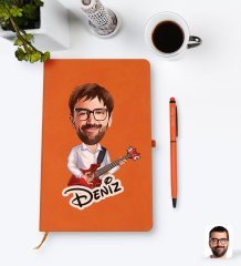 Kişiye Özel Erkek Gitarist Karikatürlü Turuncu Termo Deri Defter Kalem Seti Model 2