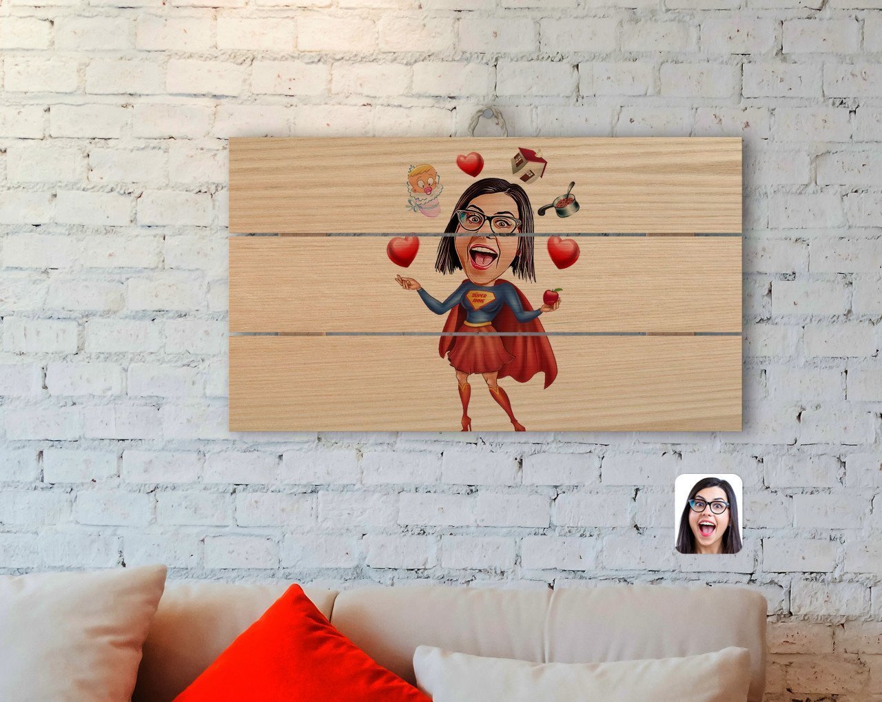 Kişiye Özel Süper Anne Karikatürlü Otantik Ahşap Palet Tablo-1