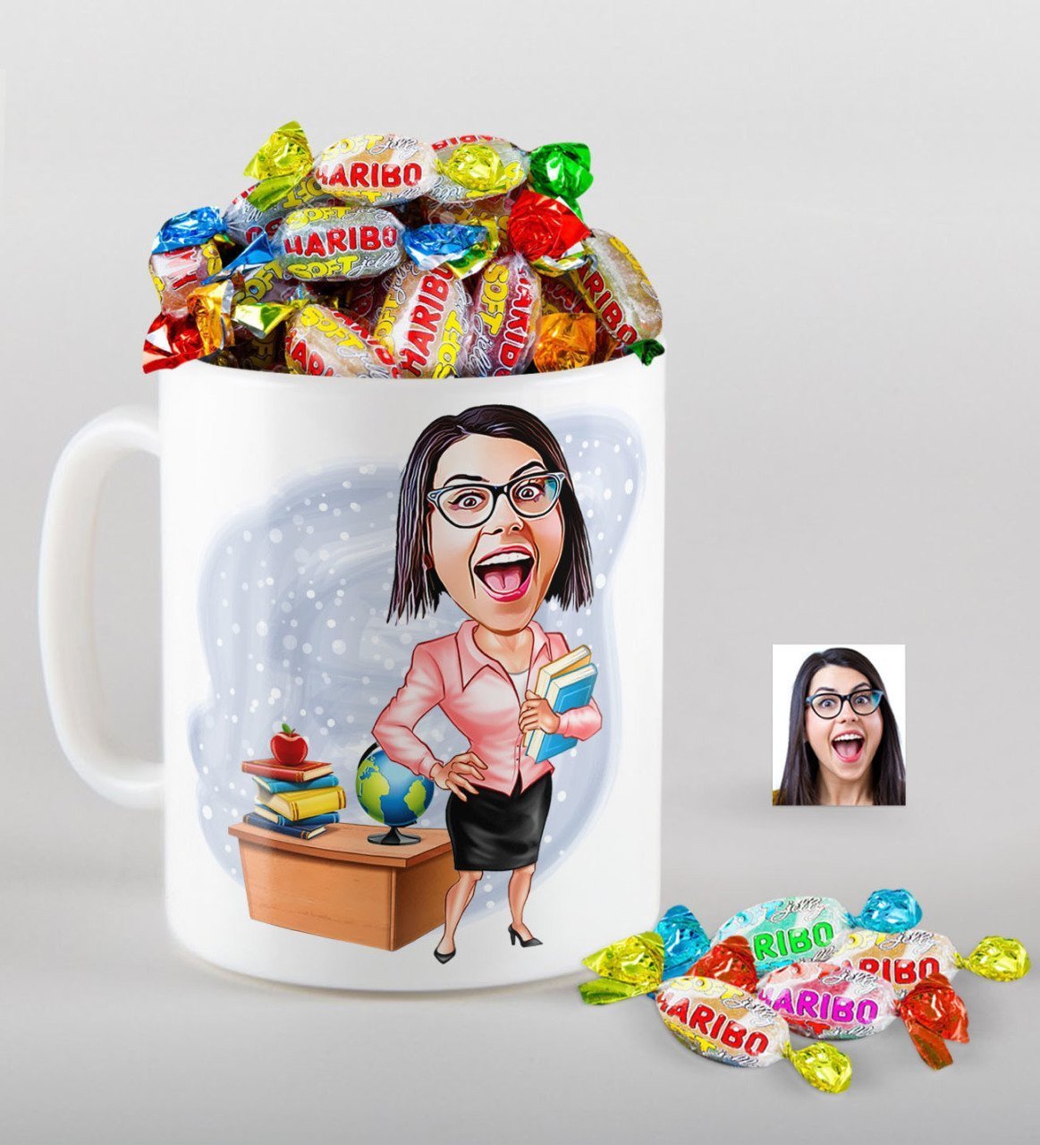 Kişiye Özel Bayan Öğretmen Karikatürlü Kupa ve Haribo Fruitbons Şeker Hediye Seti-5