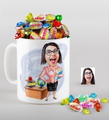 Kişiye Özel Bayan Öğretmen Karikatürlü Kupa ve Haribo Fruitbons Şeker Hediye Seti-5