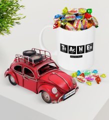 Kişiye Özel Öğretmen Plakalı Nostaljik Kırmızı Metal Vosvos ve Kupa Haribo Şeker Seti-2