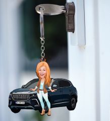 BK Gift Kişiye Özel Kadın TOGG Figürlü Plakalı Ahşap Karikatür Anahtarlık, TOGG Anahtarlık, TOGG, Araç Anahtarlık-1