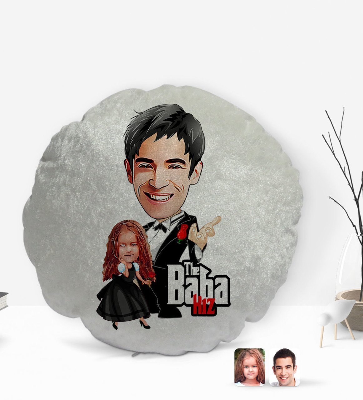 Kişiye Özel Godfather Baba Kız Karikatürlü Yuvarlak Dekoratif Kırlent Yastık-1