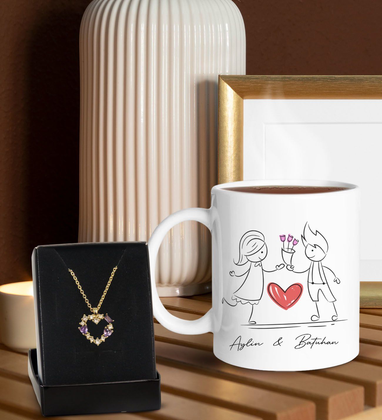 BK Gift Kişiye Özel Kupa ve Zirkon Taşlı Kalp Kolye-1, Sevgiliye Hediye, Doğum Günü Hediyesi, Yıl Dönümü Hediyesi
