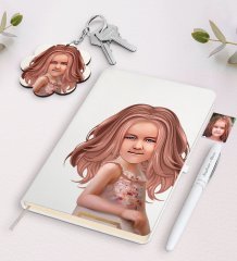 Kişiye Özel Kız Çocuk İllüstrasyon Tasarımlı Beyaz Defter Kalem Ve Anahtarlık Hediye Seti-3