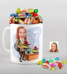 Kişiye Özel Bayan Öğretmen Karikatürlü Kupa ve Haribo Fruitbons Şeker Hediye Seti-4