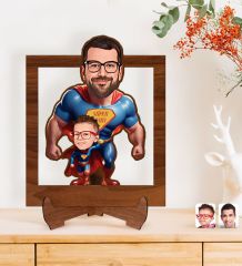 BK Gift Kişiye Özel Süper Baba-Oğul Karikatürlü Ahşap 3D Standlı Biblo-1, Babalar Günü Hediyesi, Babaya Hediye