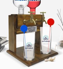 Kişiye Özel Renkli Baskılı Adıyaman Tasarımlı Turistik İkili Vodka Bardağı ve Çift Musluklu Doğal Ahşap Vodka Standı-2
