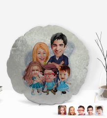 Kişiye Özel Tesettürlü Aile Karikatürlü Yuvarlak Dekoratif Kırlent Yastık-7