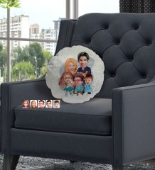 Kişiye Özel Tesettürlü Aile Karikatürlü Yuvarlak Dekoratif Kırlent Yastık-7