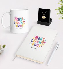 Kişiye Özel En İyi Öğretmen Beyaz Kupa Defter Kalem ve İsimli Papatya Kolye Hediye Seti-12