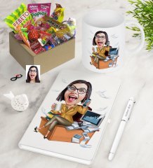 Kişiye Özel Bayan Muhasebeci Karikatürlü Nostaljik Lezzetler Defter Kalem Kupa Hediye Seti-1
