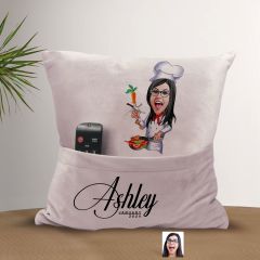 BK Gift Kişiye Özel Chef Karikatür Tasarımlı Organizer Kumanda ve Atıştırmalık Cepli Pembe Kırlent Yastık-6 Arkadaşa Hediye, Cepli Yastık