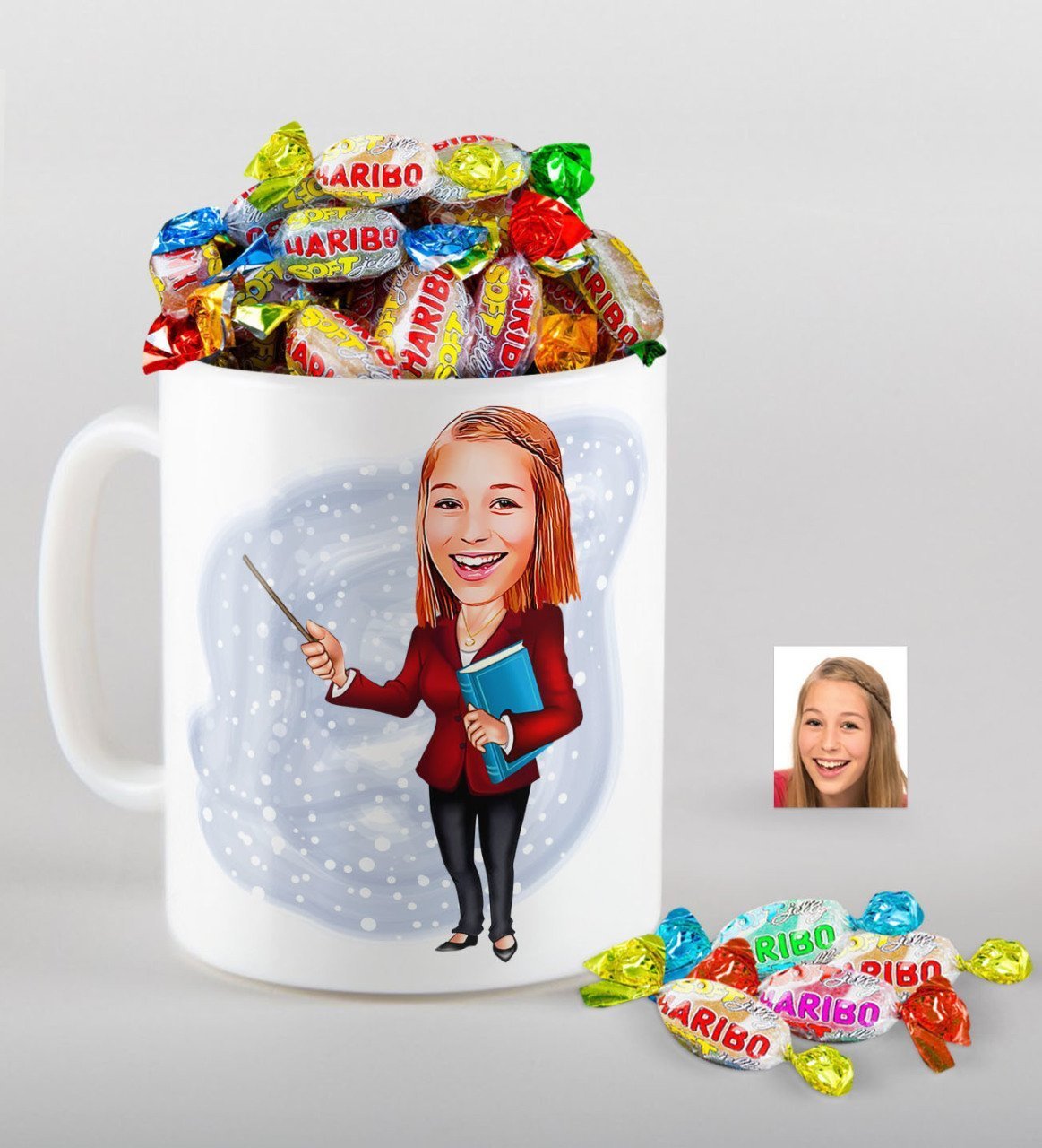 Kişiye Özel Bayan Öğretmen Karikatürlü Kupa ve Haribo Fruitbons Şeker Hediye Seti-3