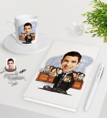 Kişiye Özel Erkek Avukat Karikatürlü Beyaz Defter Kalem Türk Kahvesi Fincanı Seti-2