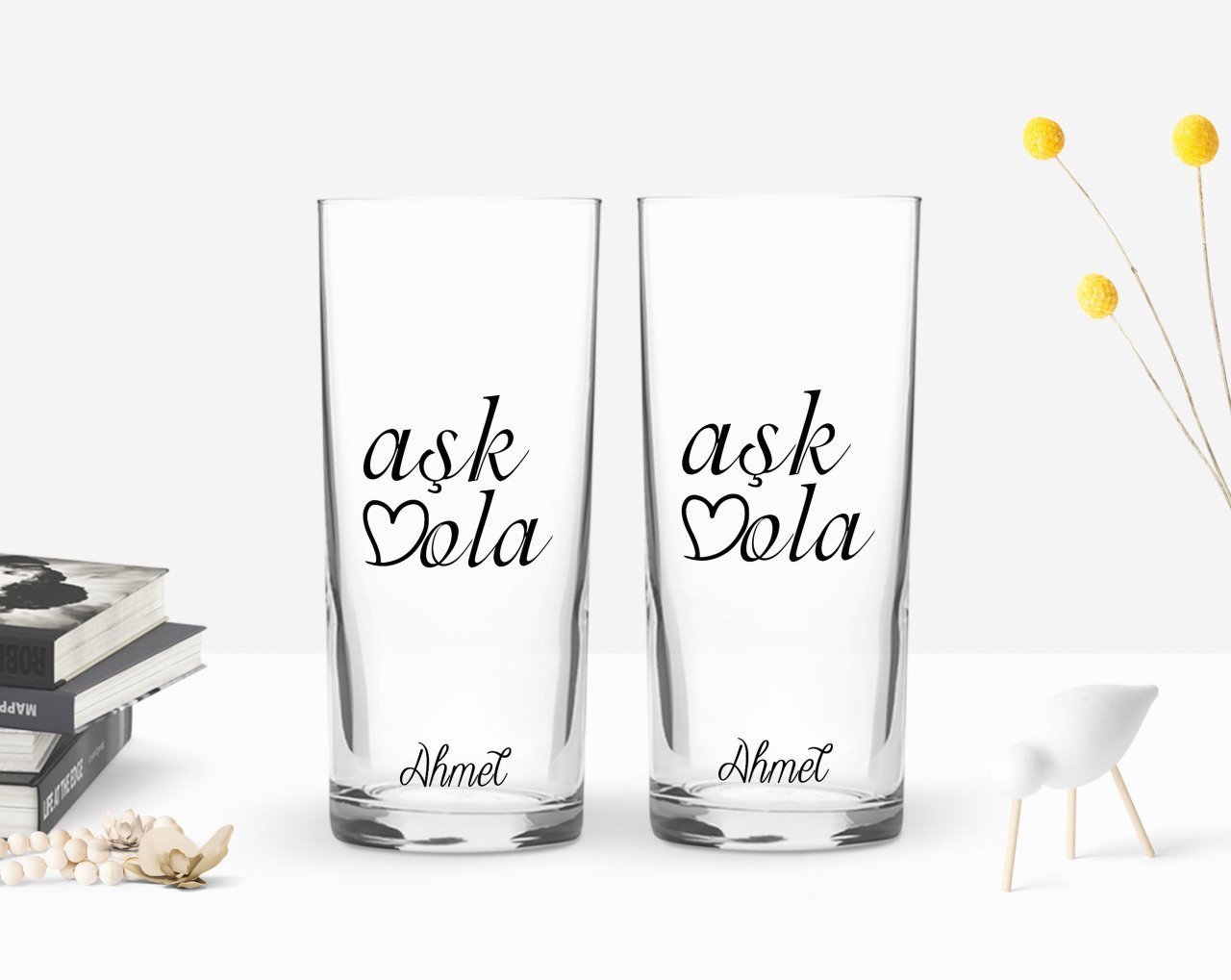 Kişiye Özel Renkli Baskılı Aşk Ola Tasarımlı İkili Rakı Bardağı Seti-1