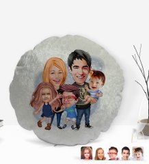 Kişiye Özel Tesettürlü Aile Karikatürlü Yuvarlak Dekoratif Kırlent Yastık-6