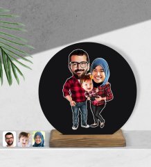 Kişiye Özel Tesettürlü Aile Karikatürlü Yuvarlak Ahşap Biblo-2