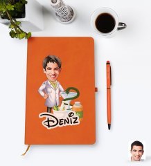 Kişiye Özel Erkek Eczacı Karikatürlü Turuncu Termo Deri Defter Kalem Seti Model 2