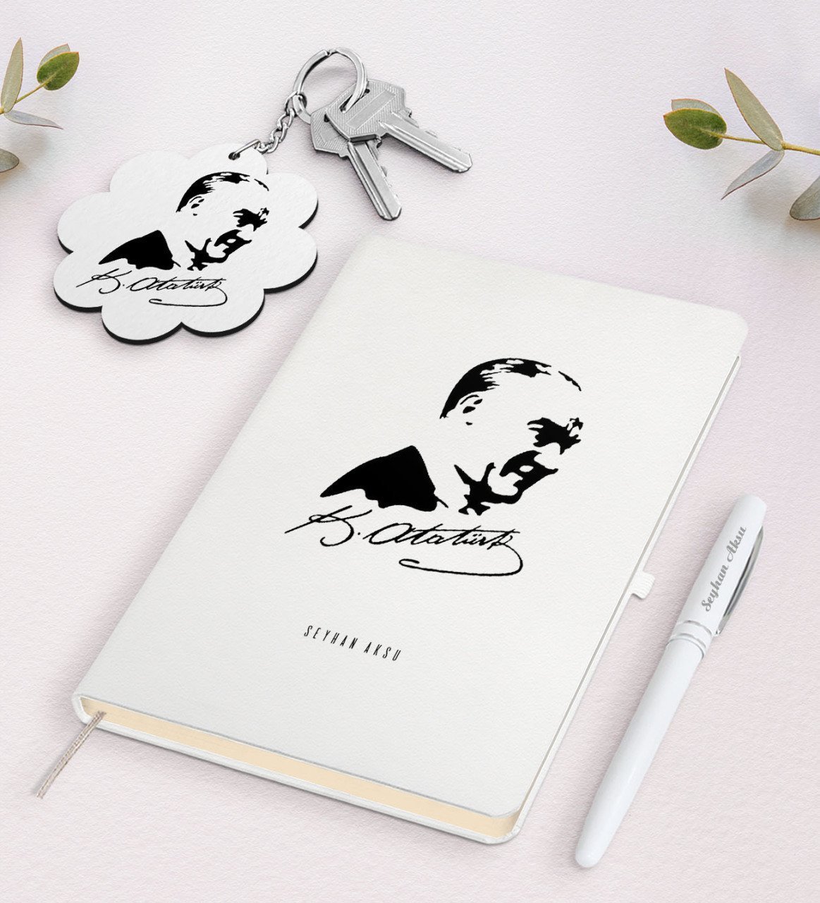 Kişiye Özel Atatürk Temalı Beyaz Defter Kalem ve Anahtarlık Hediye Seti-26