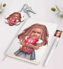 Kişiye Özel Kız Çocuk İllüstrasyon Tasarımlı Beyaz Defter Kalem Ve Anahtarlık Hediye Seti-1