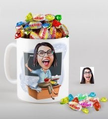 Kişiye Özel Bayan Öğretmen Karikatürlü Kupa ve Haribo Fruitbons Şeker Hediye Seti-2