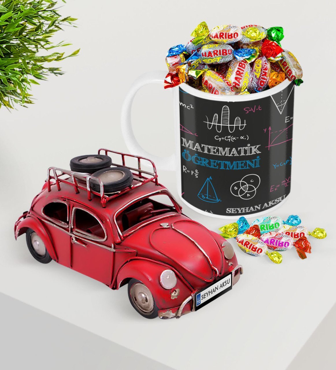 Kişiye Özel Matematik Öğretmeni Plakalı Nostaljik Kırmızı Metal Vosvos ve Kupa Haribo Şeker Seti-11