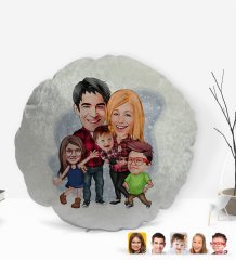 Kişiye Özel Tesettürlü Aile Karikatürlü Yuvarlak Dekoratif Kırlent Yastık-5