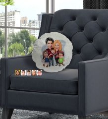 Kişiye Özel Tesettürlü Aile Karikatürlü Yuvarlak Dekoratif Kırlent Yastık-5