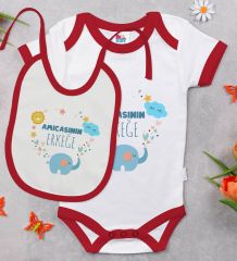 BK Kids Amıcasının Erkeğe Tasarımlı Kırmızı Bebek Body Zıbın ve Mama Önlüğü Hediye Seti-1