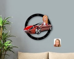 Kişiye Özel Plakalı Kadın Ferrari 458 Karikatürlü Ahşap Duvar Saati-1