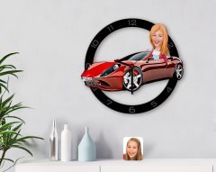 Kişiye Özel Plakalı Kadın Ferrari 458 Karikatürlü Ahşap Duvar Saati-1