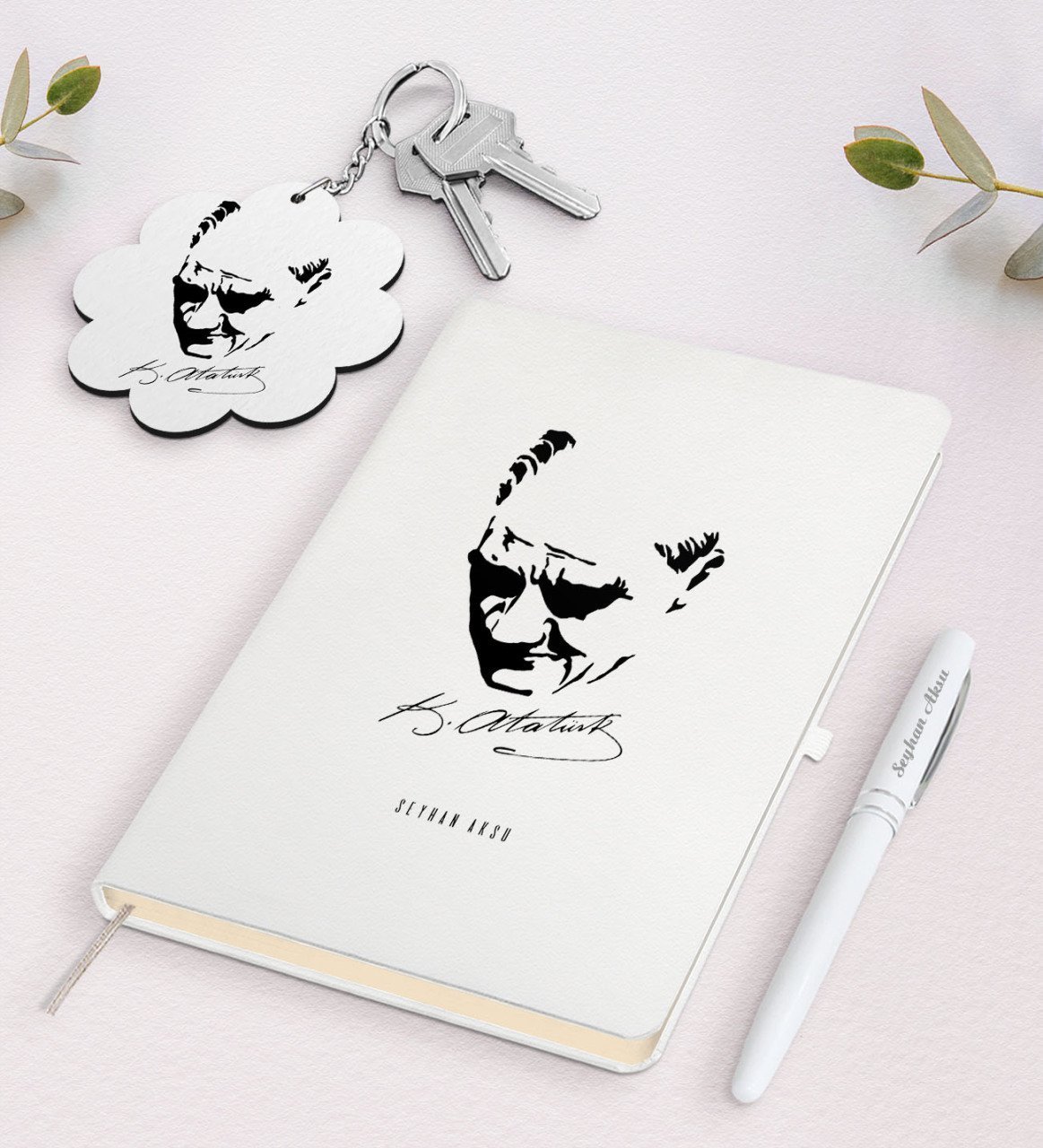 Kişiye Özel Atatürk Temalı Beyaz Defter Kalem ve Anahtarlık Hediye Seti-25