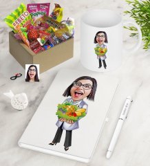 Kişiye Özel Bayan Diyetisyen Karikatürlü Nostaljik Lezzetler Defter Kalem Kupa Hediye Seti