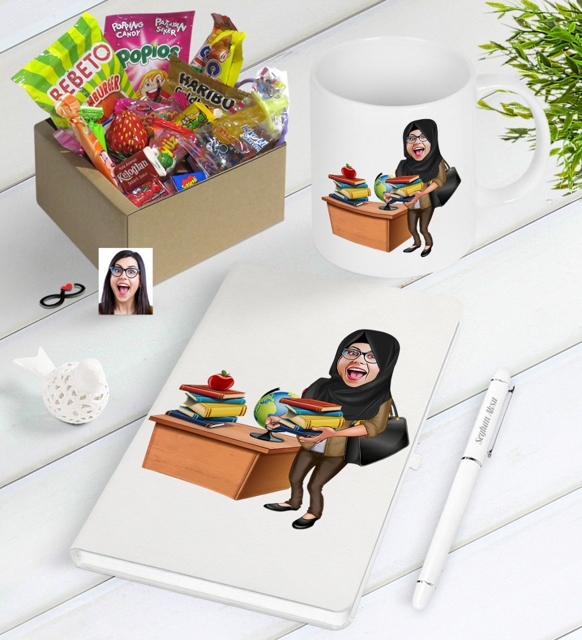 Kişiye Özel Bayan Öğretmen Karikatürlü Nostaljik Lezzetler Defter Kalem Kupa Seti-8