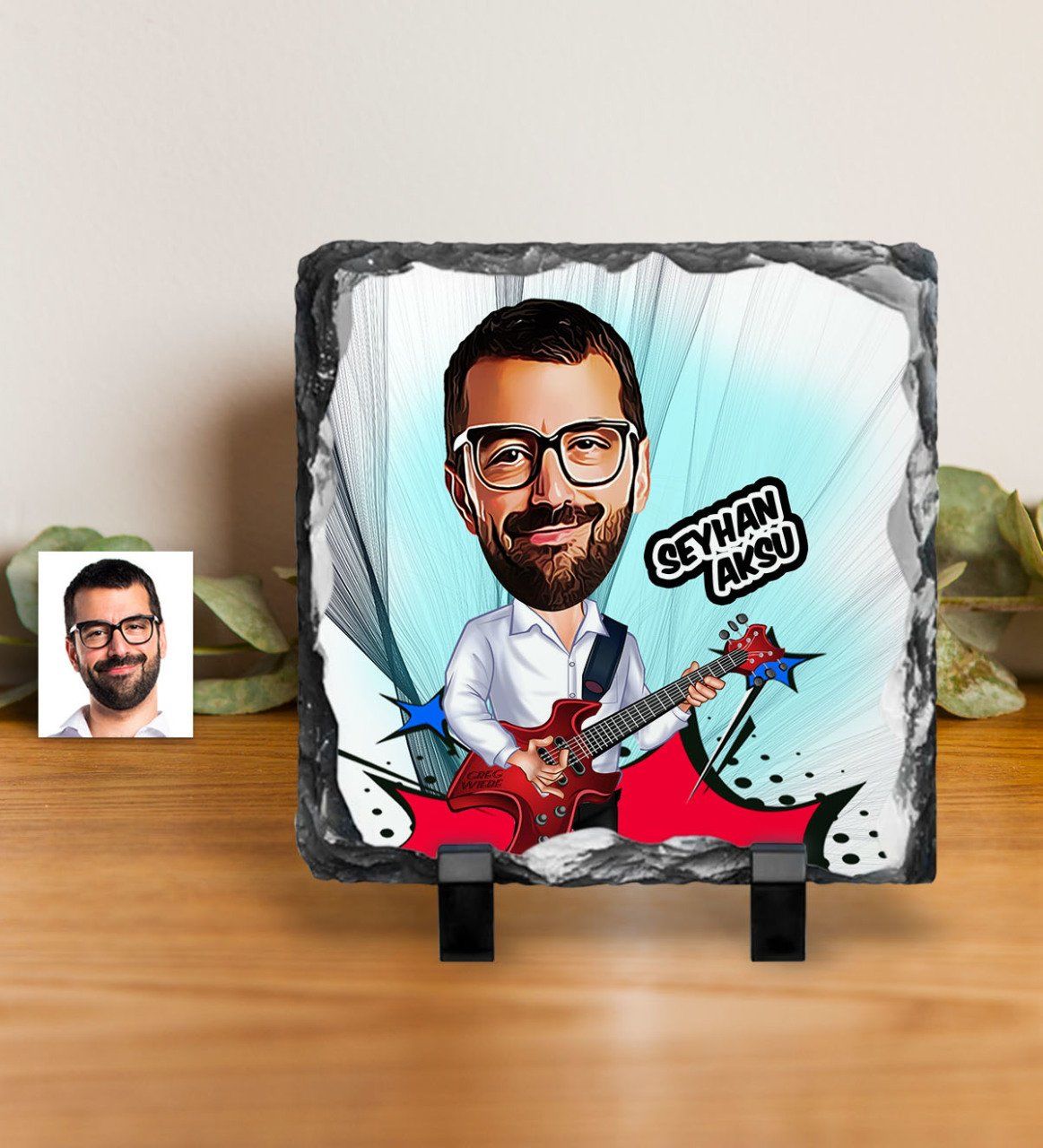 Kişiye Özel Bay Gitarist Karikatürlü Dekoratif Doğal Taş - 2
