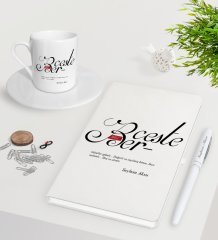 Kişiye Özel Mânâ Berceste Beyaz Defter Kalem Türk Kahvesi Fincanı Seti-1