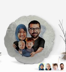 Kişiye Özel Tesettürlü Aile Karikatürlü Yuvarlak Dekoratif Kırlent Yastık-4