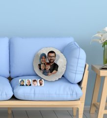 Kişiye Özel Tesettürlü Aile Karikatürlü Yuvarlak Dekoratif Kırlent Yastık-4