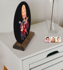 Kişiye Özel Süper Anne ve Çocuklar Karikatürlü Yuvarlak Ahşap Biblo-1