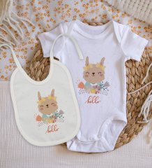 BK Kids Hello Tasarımlı Bebek Body Zıbın ve Mama Önlüğü Hediye Seti - Model 1