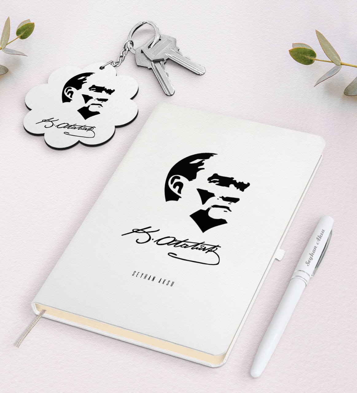 Kişiye Özel Atatürk Temalı Beyaz Defter Kalem ve Anahtarlık Hediye Seti-24