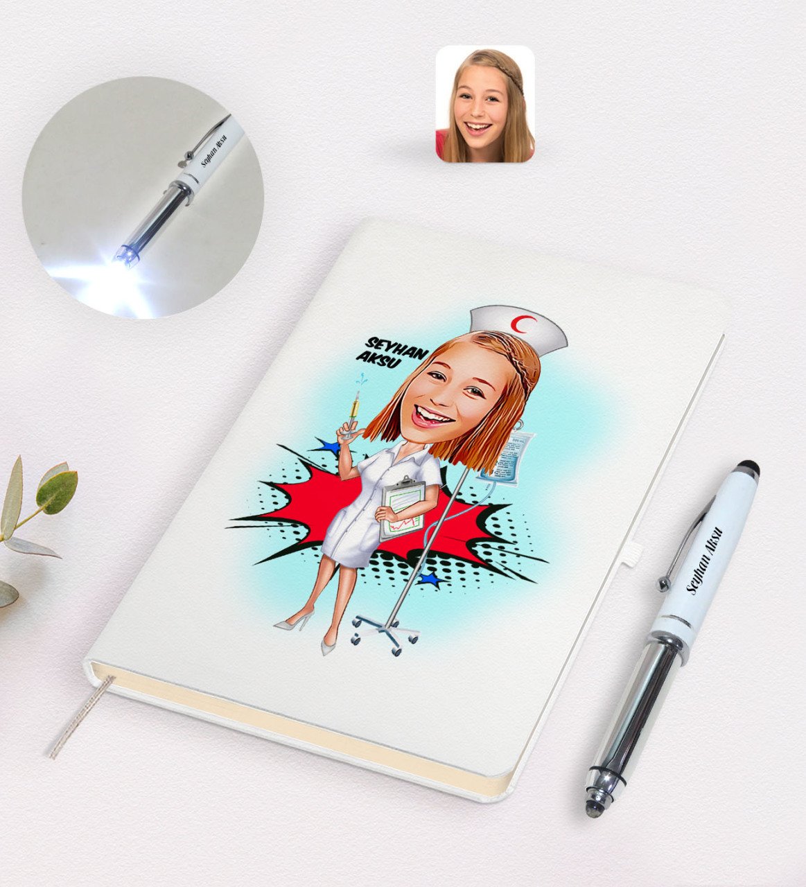 Kişiye Özel Hemşire Karikatürlü Defter ve Dokunmatik Işıklı Kalem Seti-2