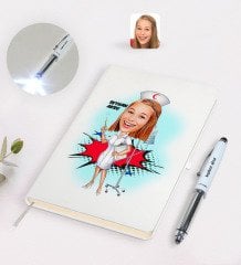 Kişiye Özel Hemşire Karikatürlü Defter ve Dokunmatik Işıklı Kalem Seti-2