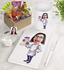 Kişiye Özel Bayan Chef Karikatürlü Nostaljik Lezzetler Defter Kalem Kupa Hediye Seti-2