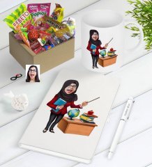 Kişiye Özel Bayan Öğretmen Karikatürlü Nostaljik Lezzetler Defter Kalem Kupa Seti-7