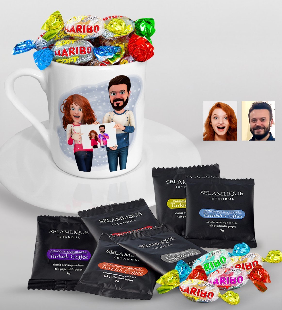 Kişiye Özel Sevgililer Animasyon Karikatürlü Türk Kahvesi Fincanı Selamlique Karışık Türk Kahvesi ve Haribo Şeker Hediye Seti-33