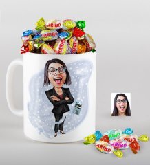 Kişiye Özel Bayan Muhasebeci Karikatürlü Kupa ve Haribo Fruitbons Şeker Hediye Seti-2