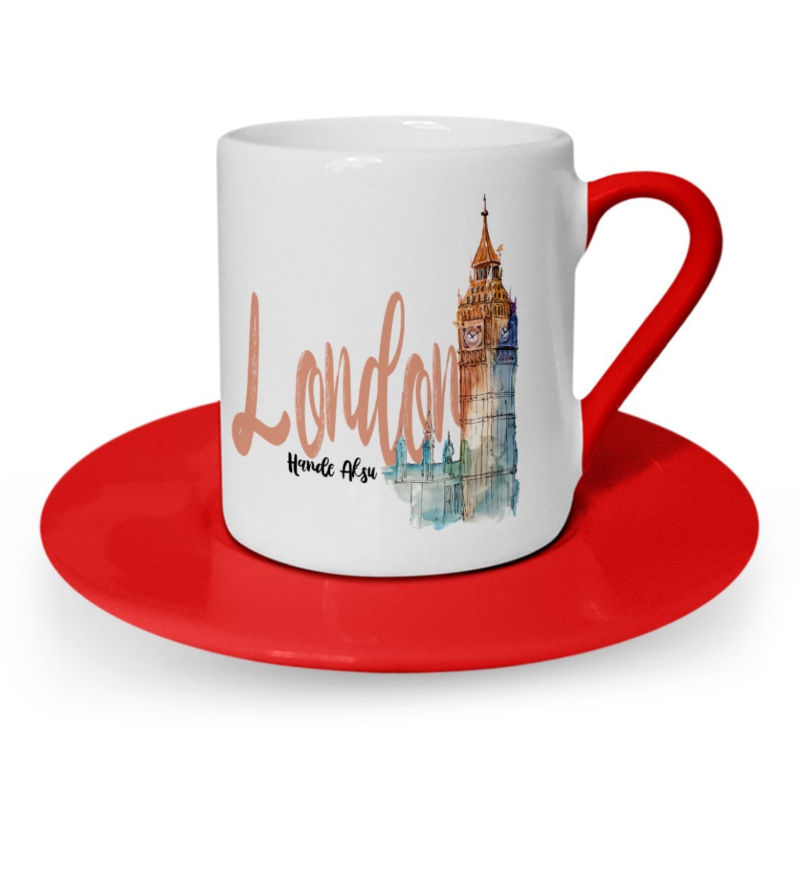 Kişiye Özel London Tasarımlı Kırmızı Türk Kahvesi Fincanı - 2